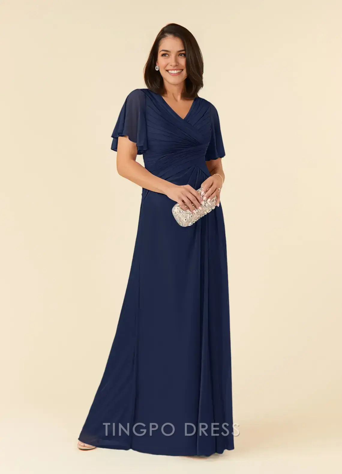 TingPo Wholesale Elegant Dark Navy A-Line V-Neck Pleated Mesh Dress